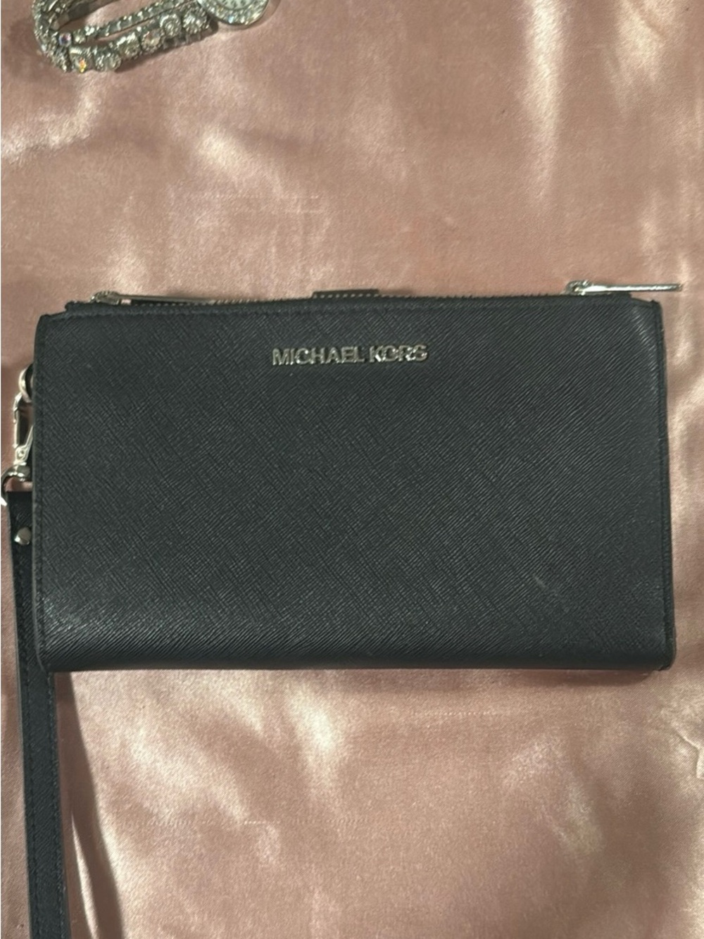 Michael Kors Black Saffiano Wristlet with Gold Logo